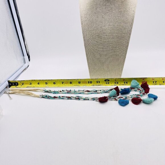 C1946 Multicolor Tassel Necklace Multistrand Silver Tone Blue Red Teal Ethnic - Picture 2 of 9